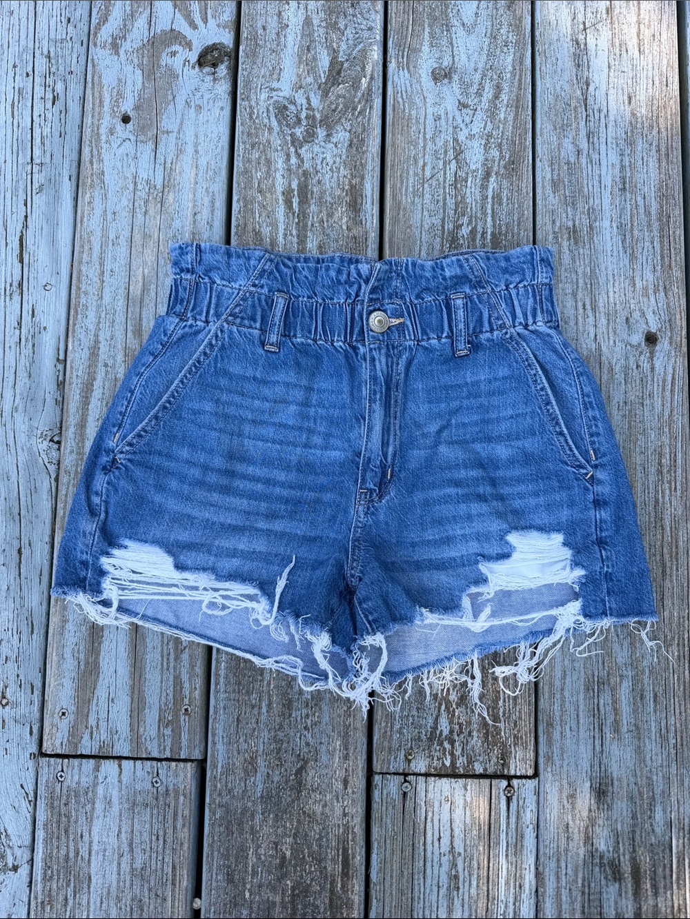 High-Rise Paper Bag Distressed Blue Denim Jean Shorts